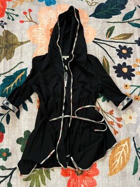 NEW Burberry Black Hooded Shirt Sweater with Classic Checker Trim